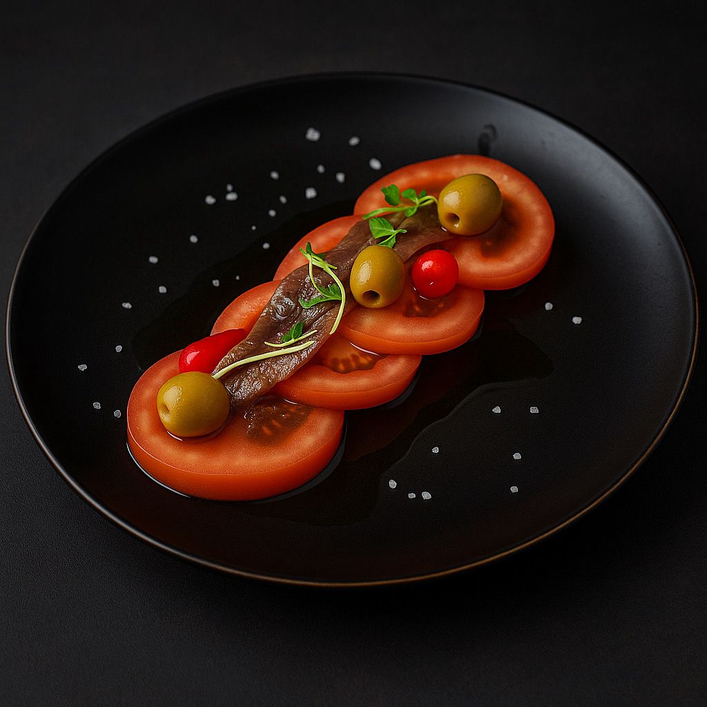 Ensalada de tomates con anchoas y albahaca